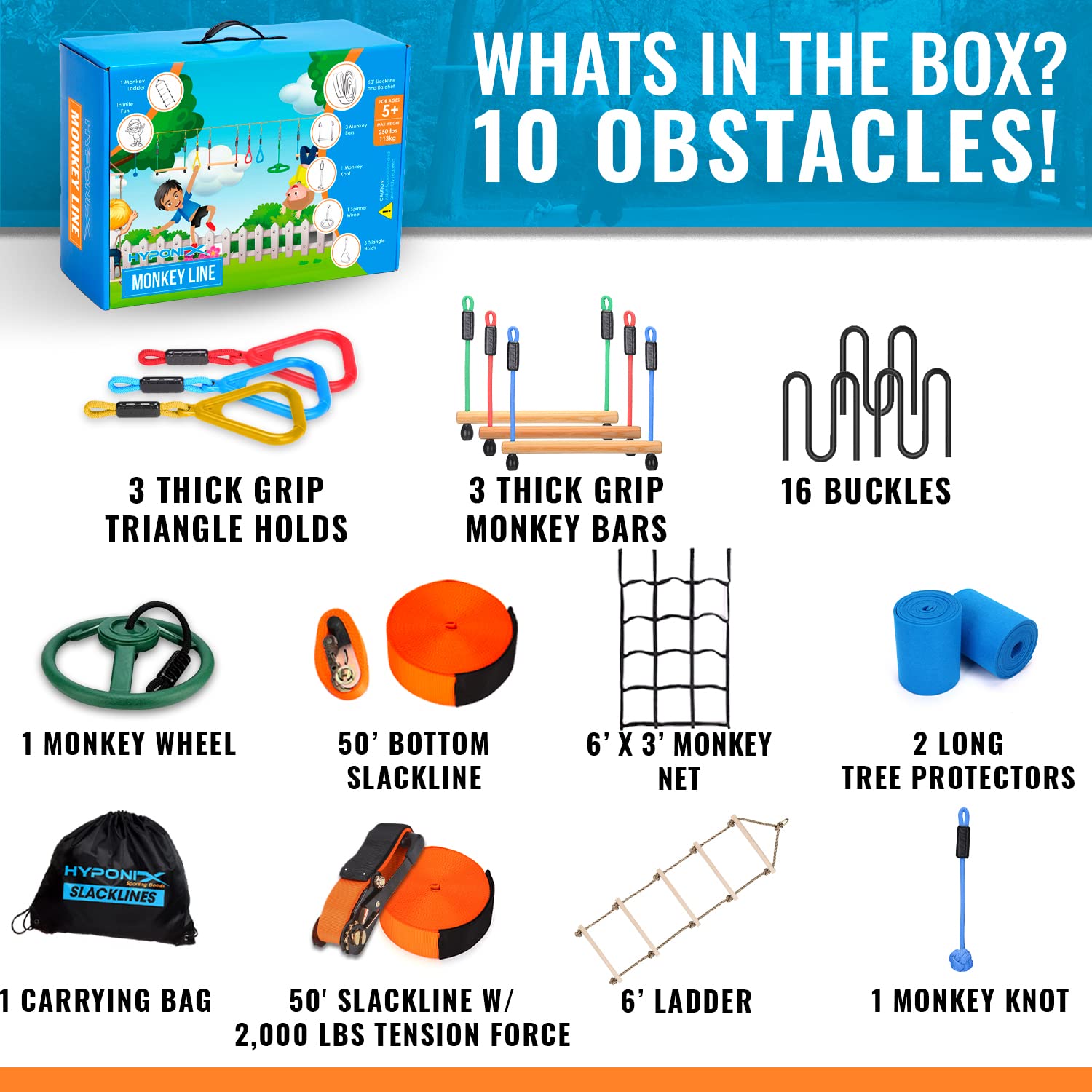 Hyponix Sporting Ninja obstacle weatherproof-construction resists sun and rain for year-round play.