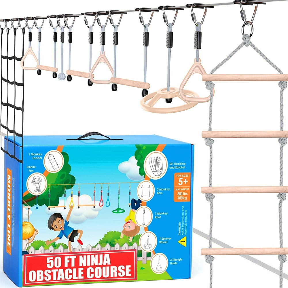 Hyponix Sporting Ninja Warrior obstacle course for kids in backyard promoting balance.