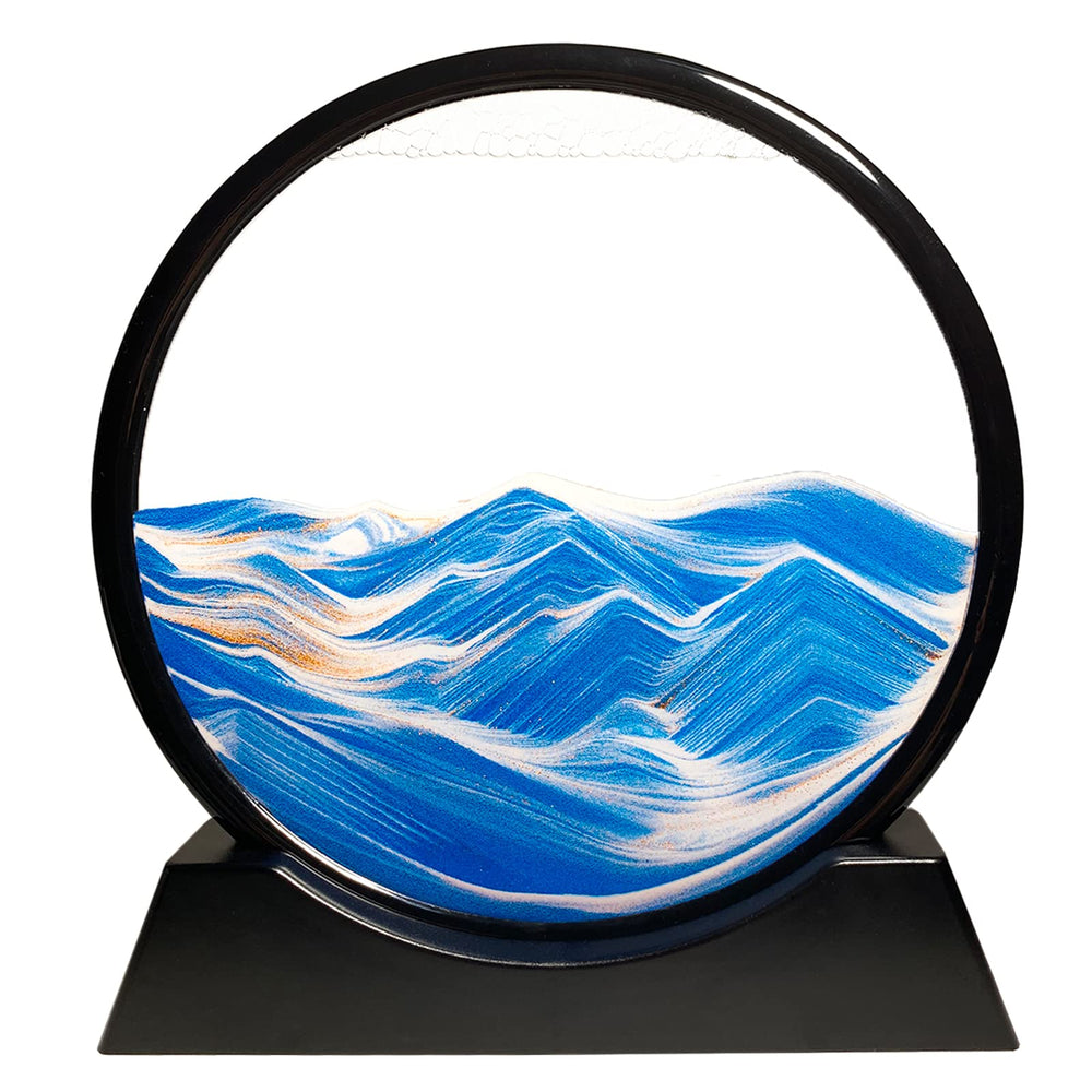 HYUGF moving sand art shows blue ocean landscape, perfect for calm desk decor.