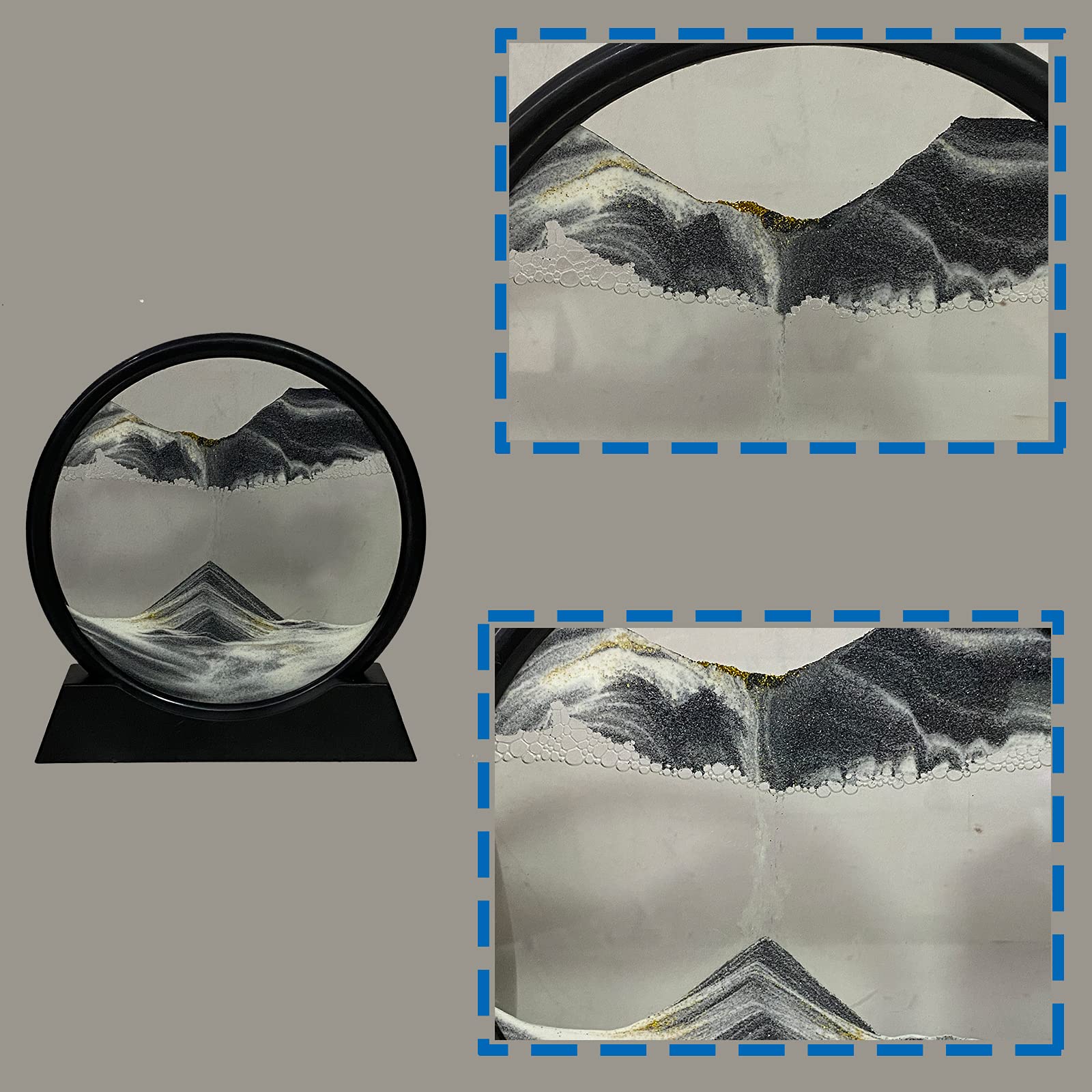 HYUGF moving sand art picture round glass frame highlights vivid layers for elegant display.