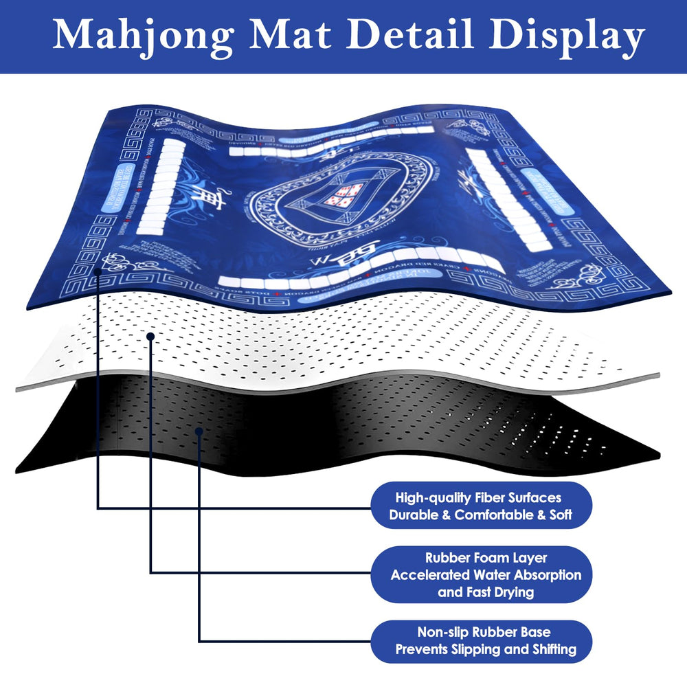 HYXFJITS Mahjong Mat blue folded neatly in carrying bag for easy storage.