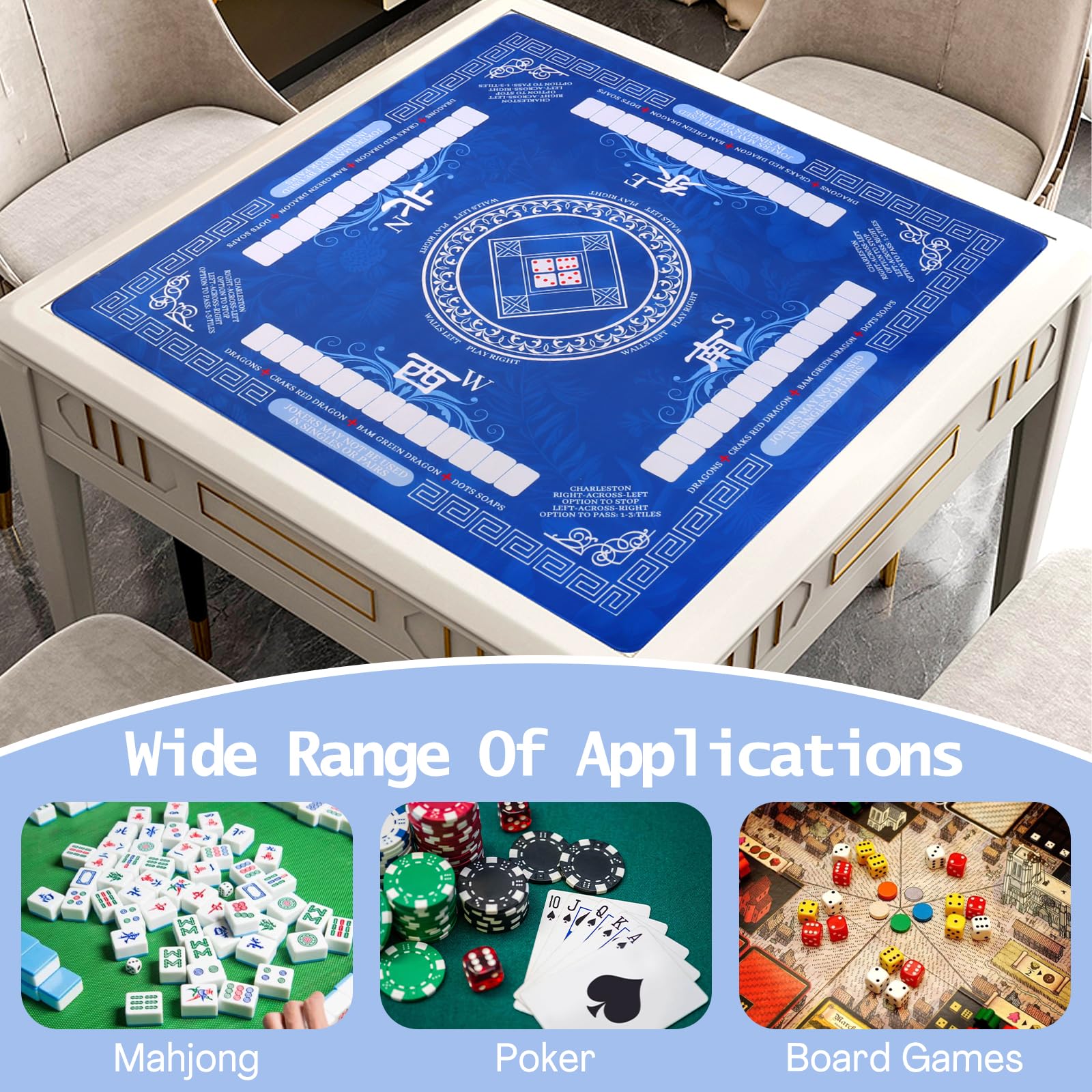 HYXFJITS Mahjong Mat blue travel-ready with carrying bag.