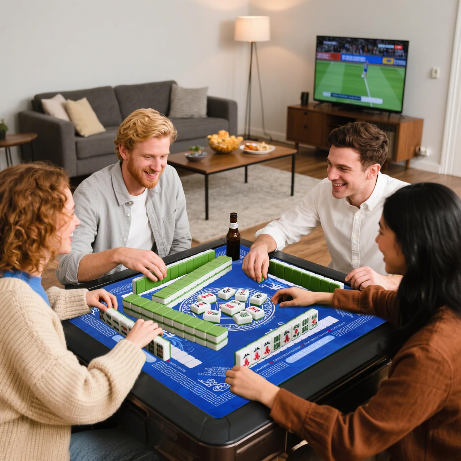 HYXFJITS Mahjong Mat blue unrolled on table with non-slip surface.