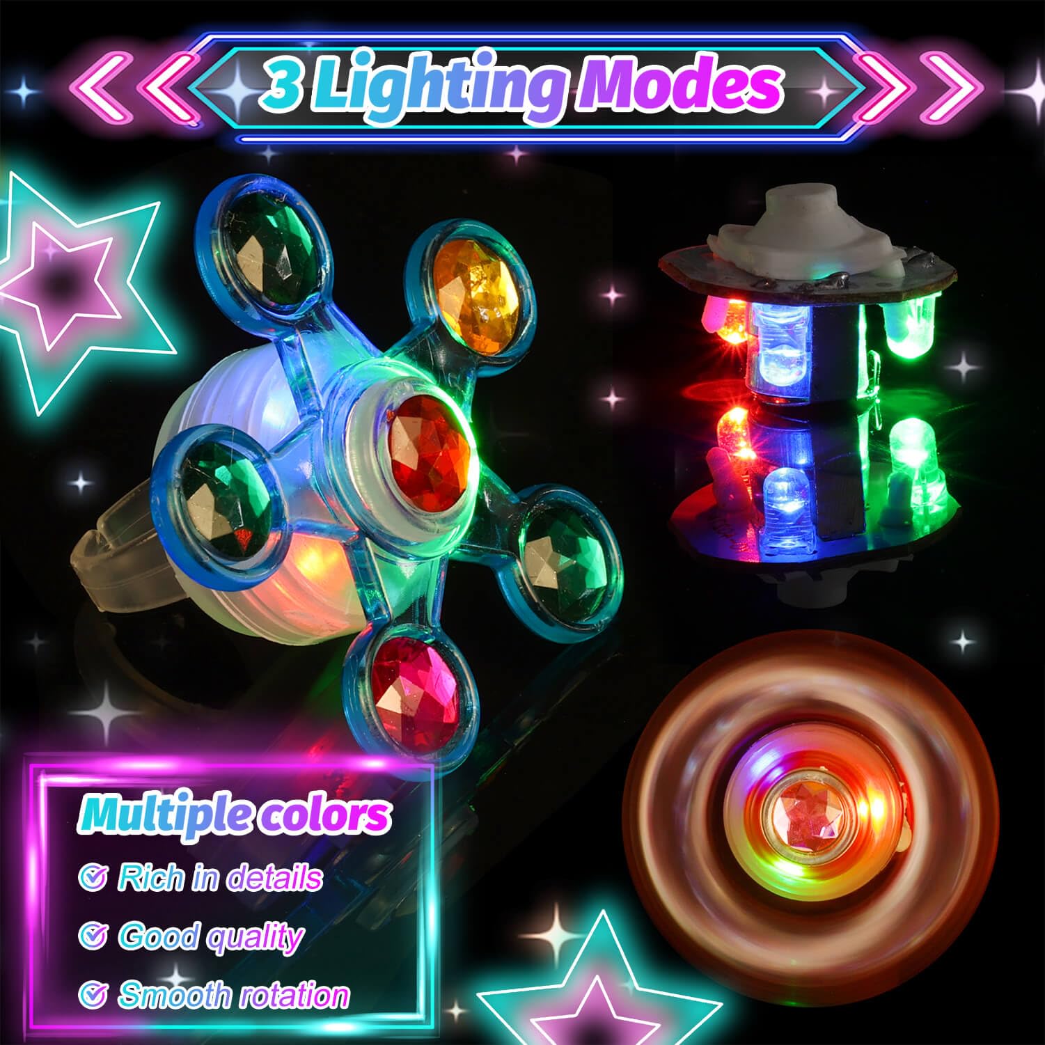Closeup of i7creoy LED fidget rings showing gem embellishments and bright LEDs.