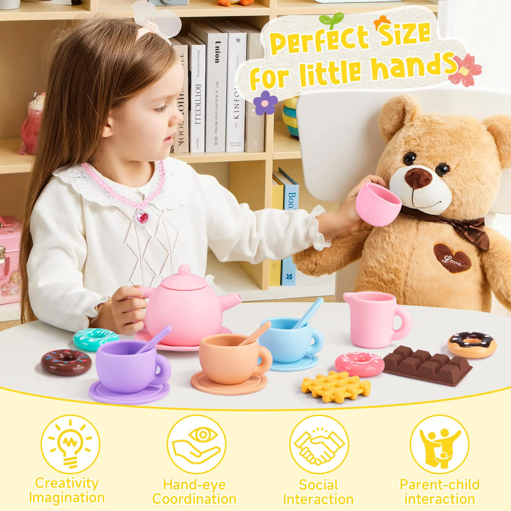 iAOVUEBY Silicone Tea Set desserts for cooperative play and shared storytelling.