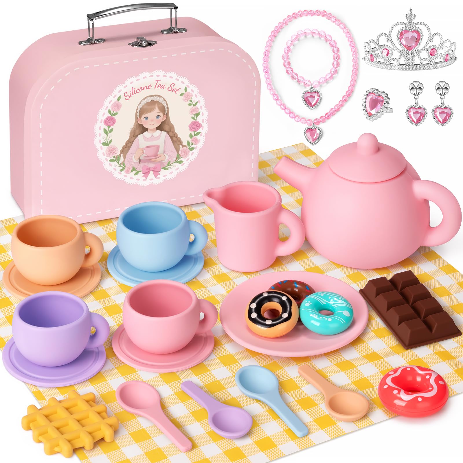 iAOVUEBY Silicone Tea Set teapot for imaginative play and safe pouring.
