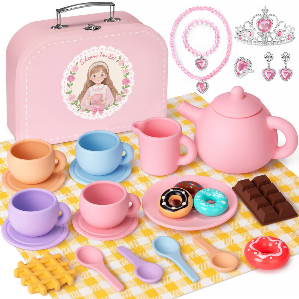 iAOVUEBY Silicone Tea Set teapot for imaginative play and safe pouring.