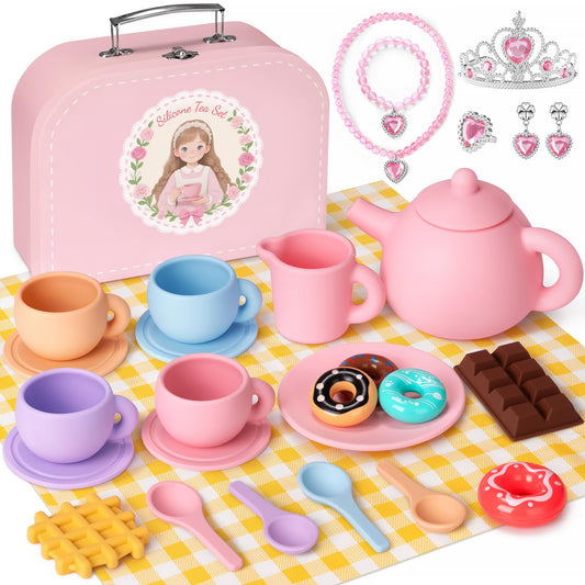 iAOVUEBY Silicone Tea Set teapot for imaginative play and safe pouring.