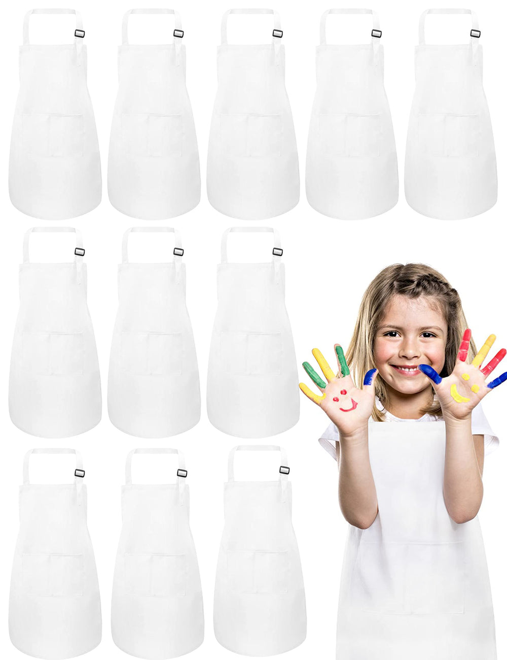 IAGBIBUI kids apron 12-pack, front view, durable protection for messy activities.