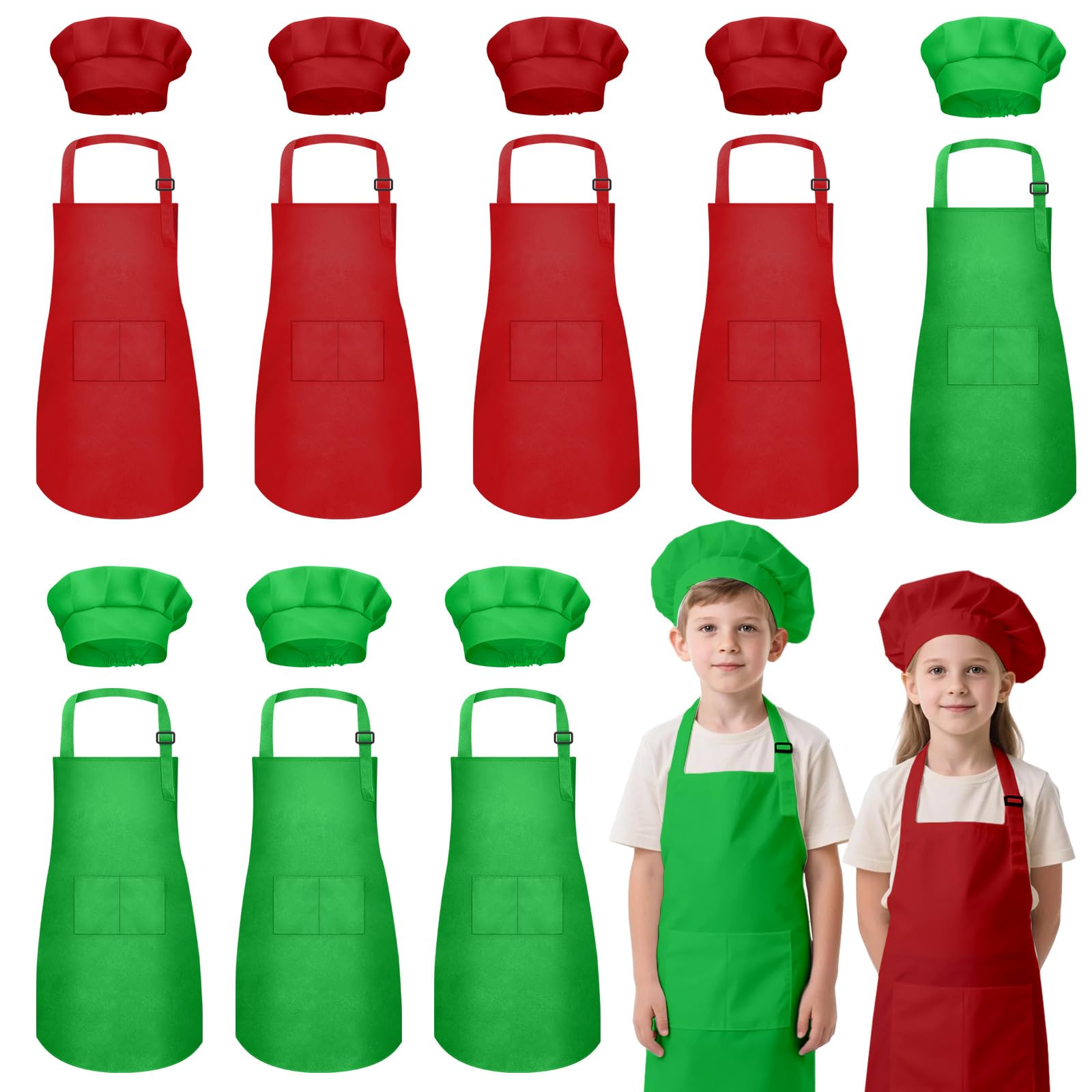 IAGBIBUI kids apron and hat set front view in red and green for festive cooking