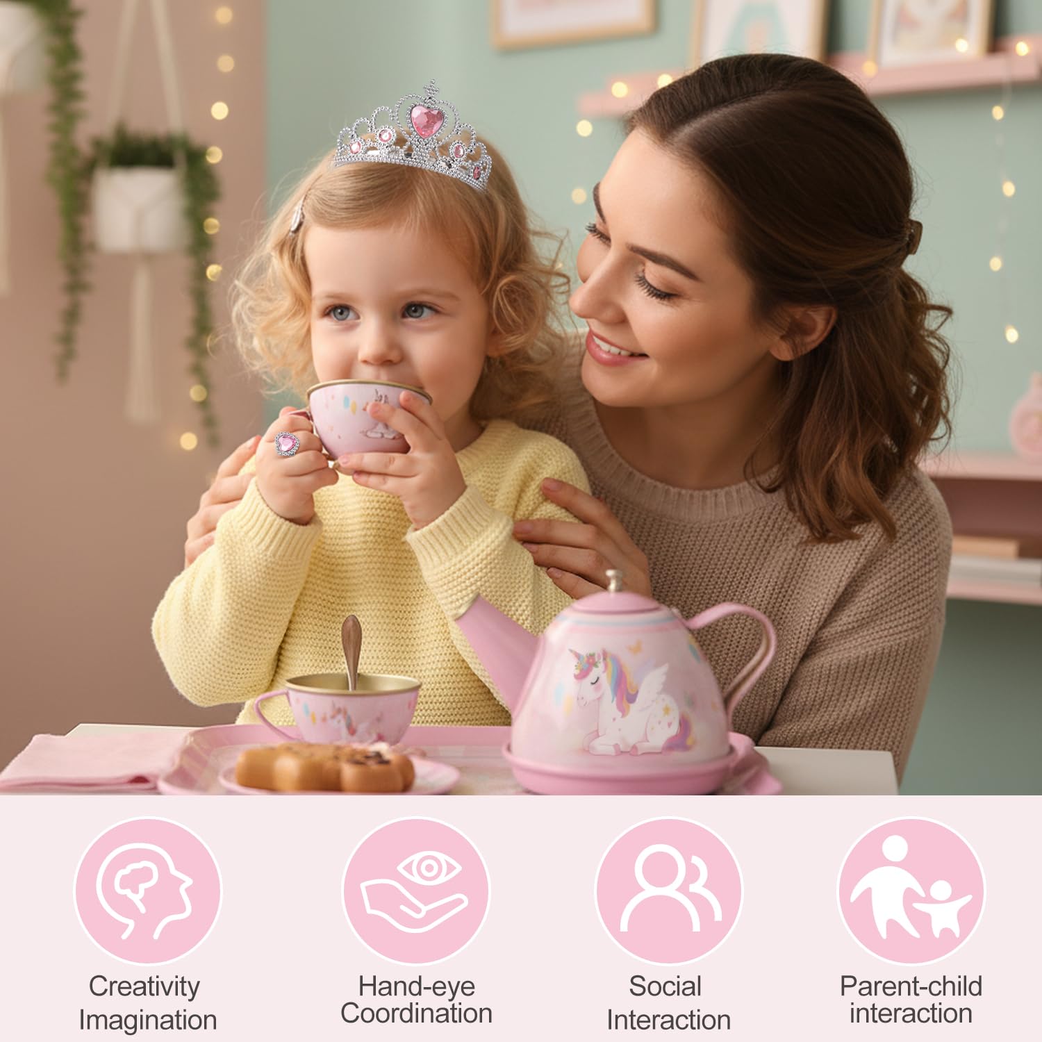 iAOVUEBY Tea Party Set crowns and jewelry inspire dress-up play.