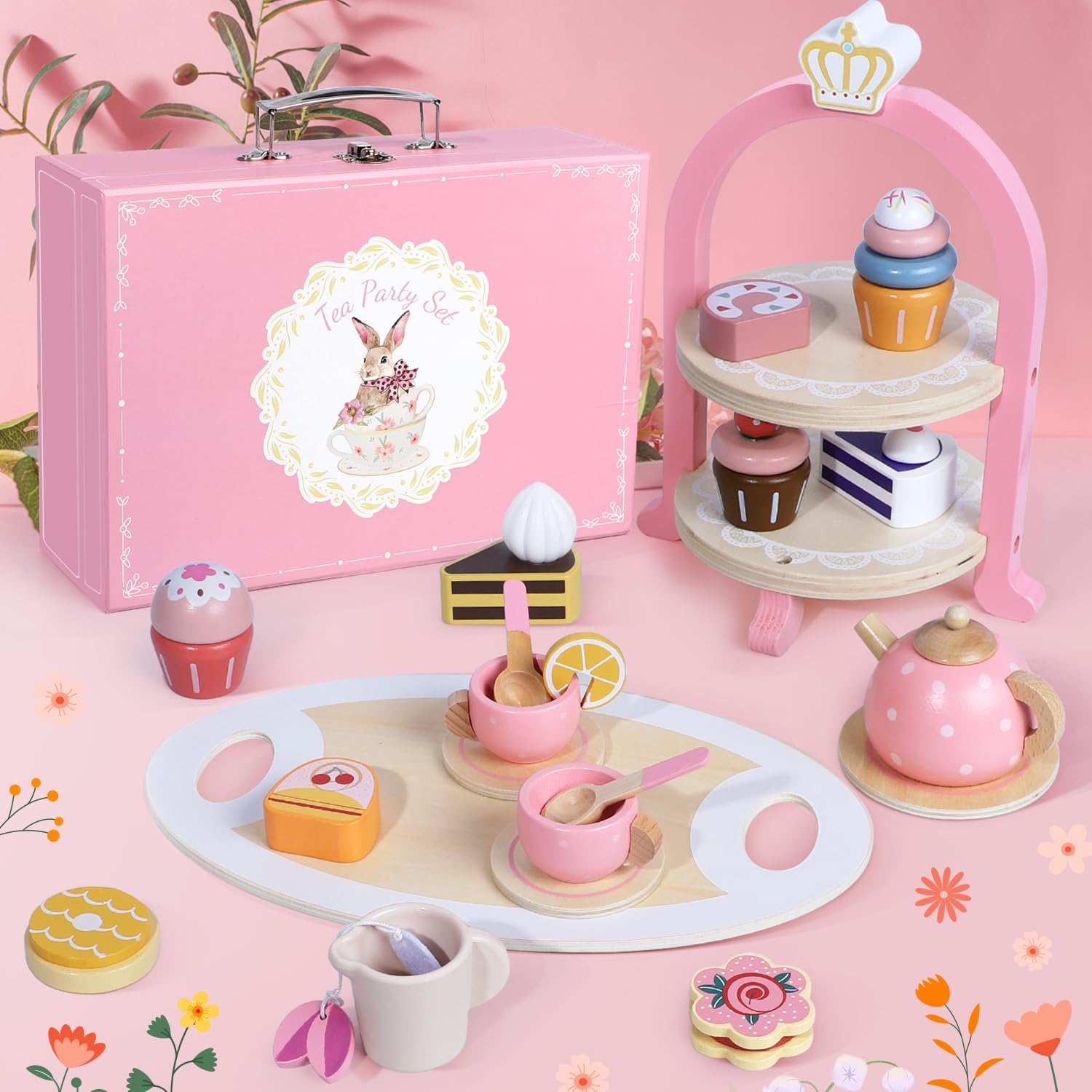 iaovueby wooden tea set two-tier cake stand for elegant display and serving