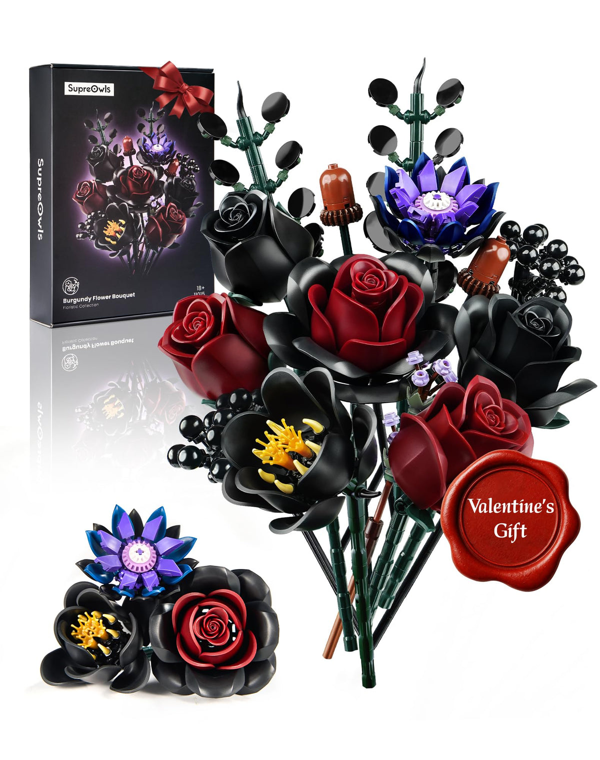 iATOM Black Burgundy Rose Bouquet centerpiece with dramatic color contrast.