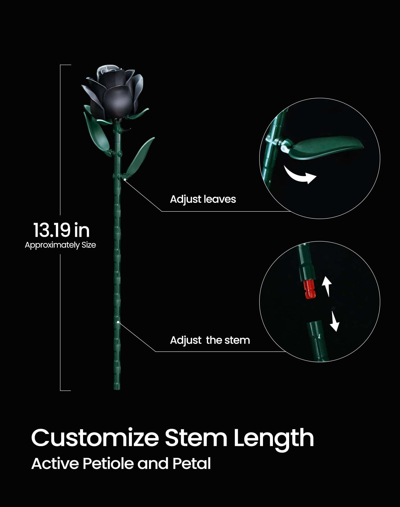 iATOM Black Rose Bouquet adjustable stems fit various vase heights.