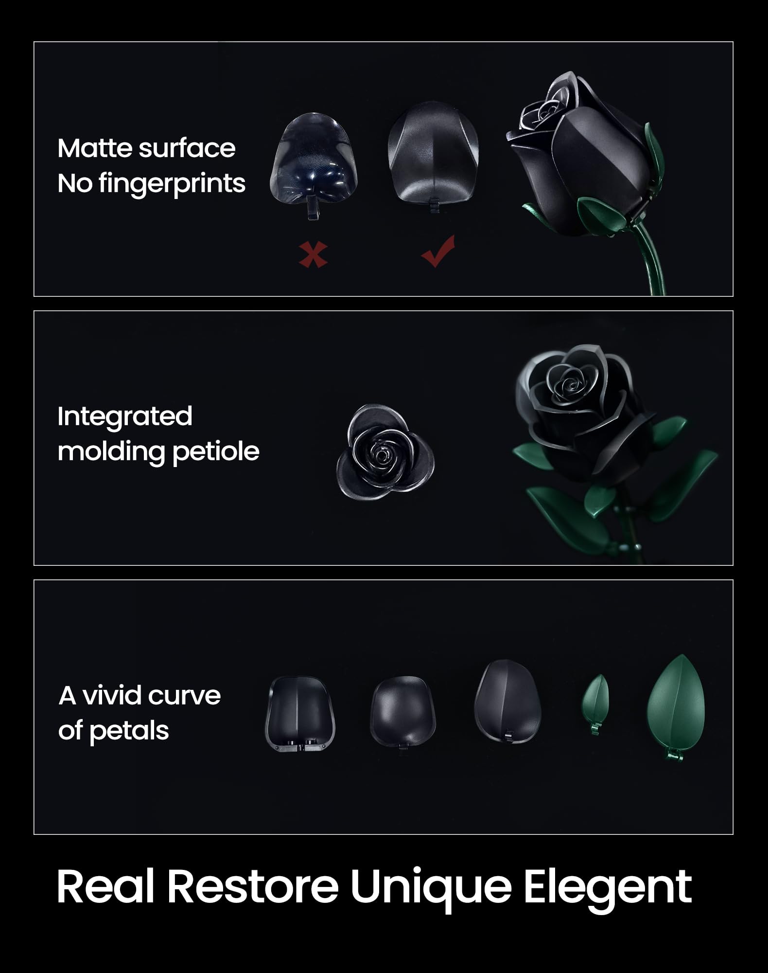 iATOM Black Rose Bouquet swing petals enable elegant, poseable display options.