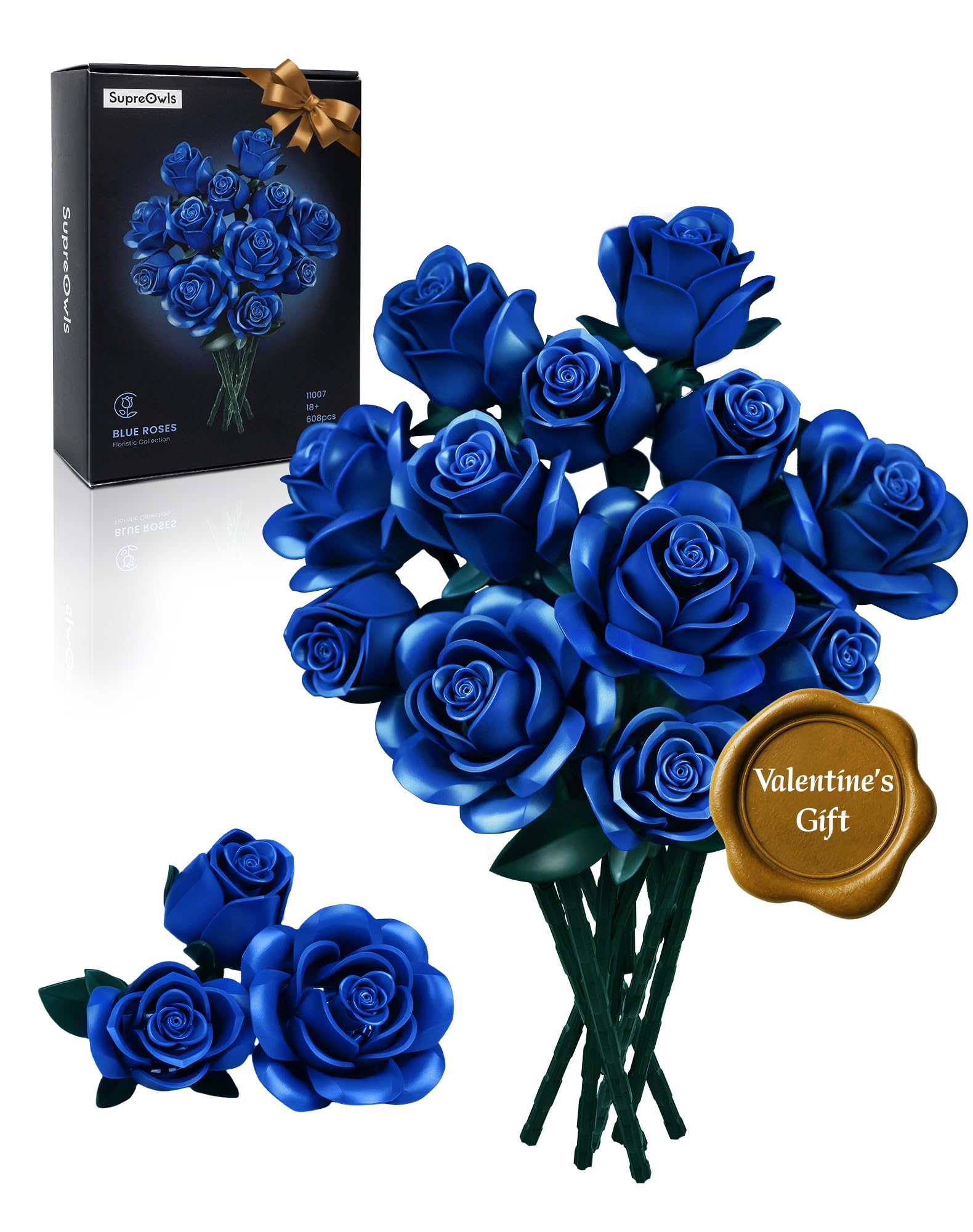 iATOM Blue Rose Bouquet assembly close-up showing 12 navy blooms for a chic centerpiece.