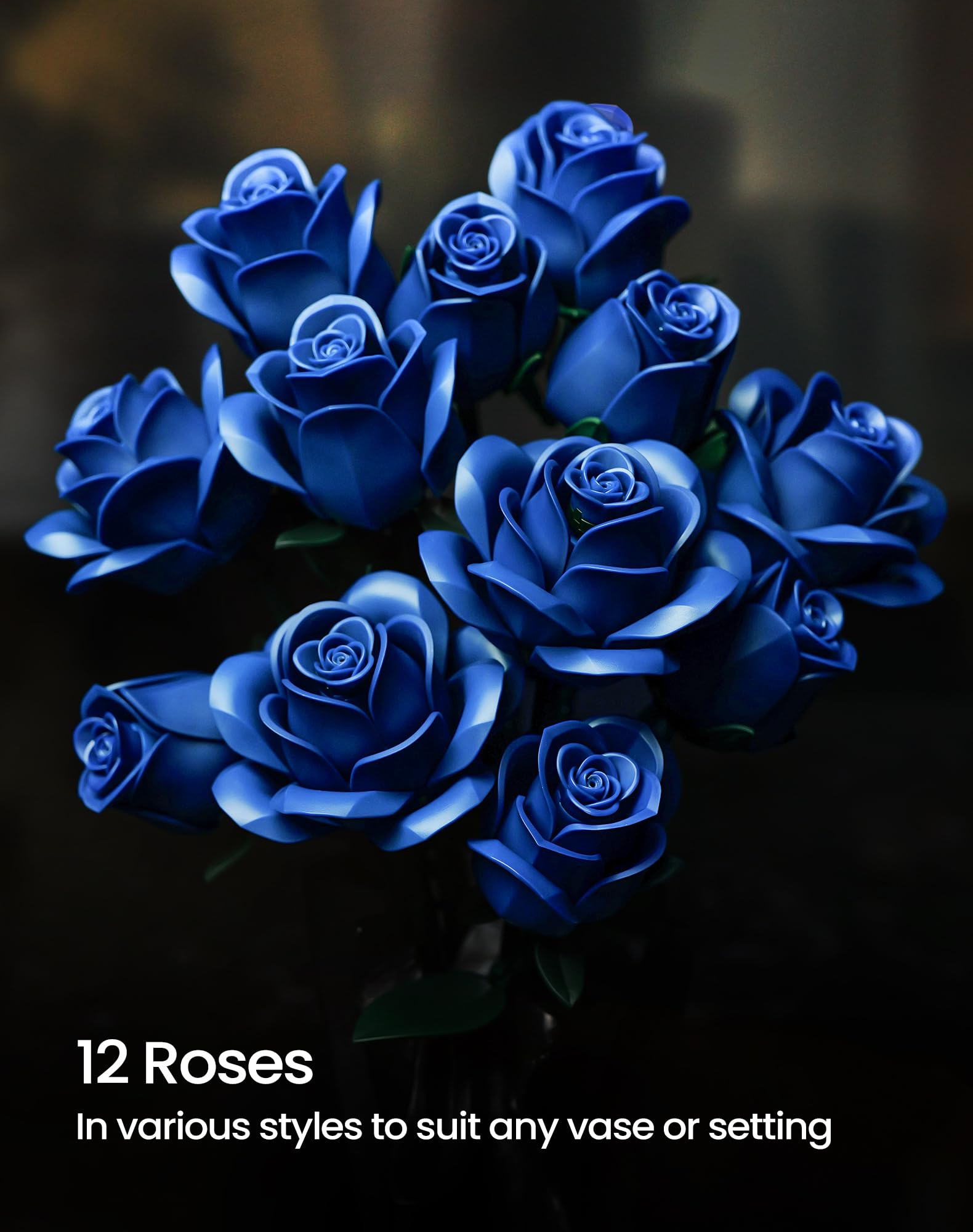 iATOM Blue Rose Bouquet stem adjustment showcased for customizable vase height.