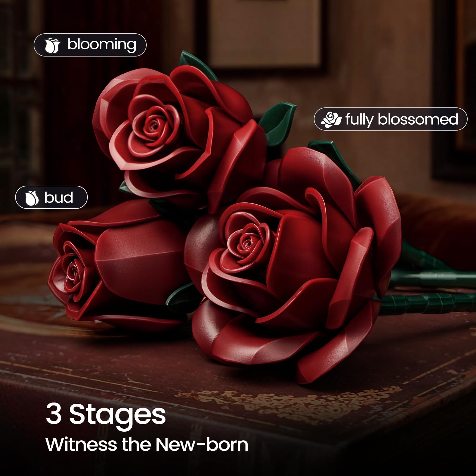 iATOM Burgundy Red Rose Bouquet swing petals and leaves with adjustable stem height