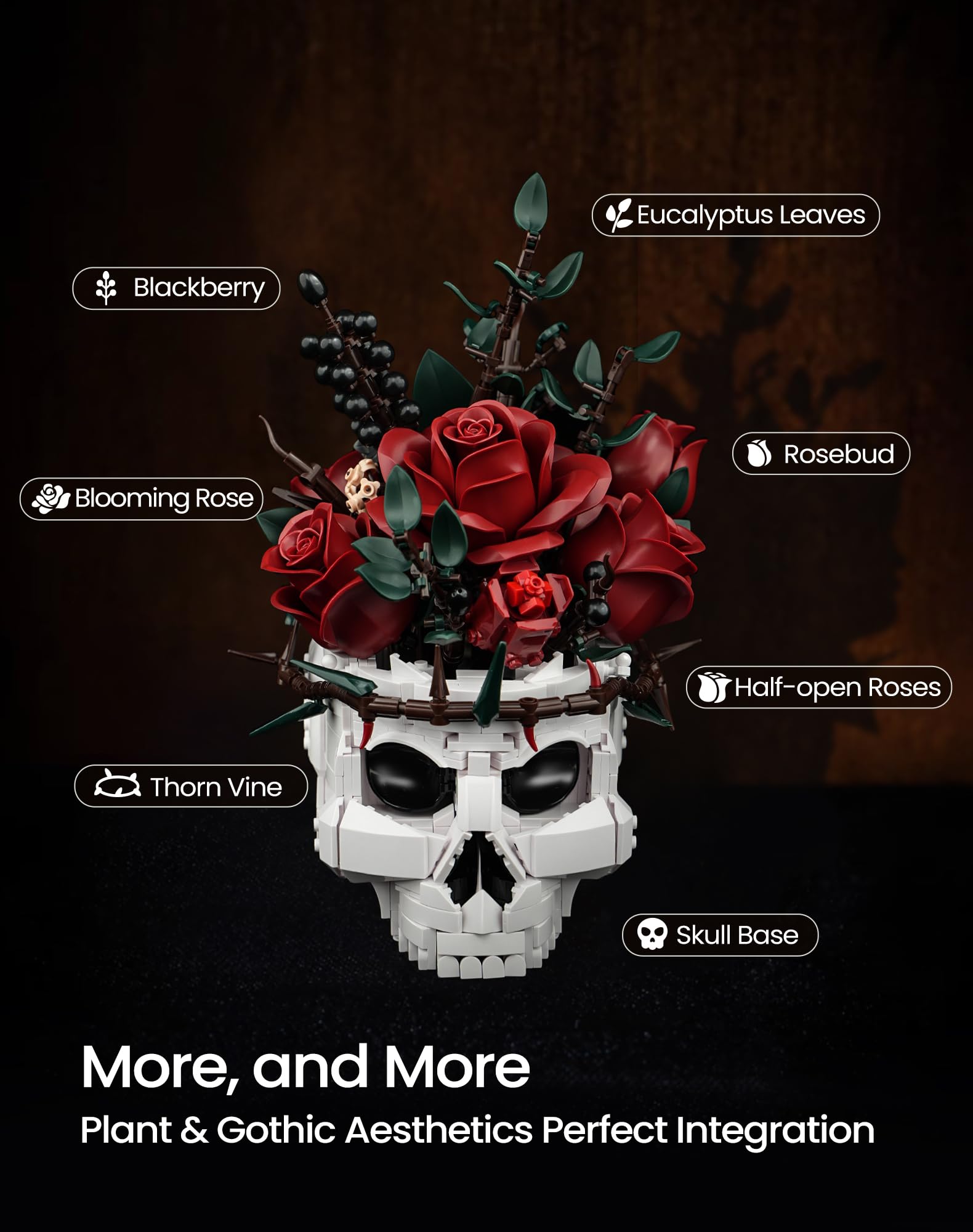 iATOM five-stage-rose-crown: evolving color drama atop the skull for dramatic décor.