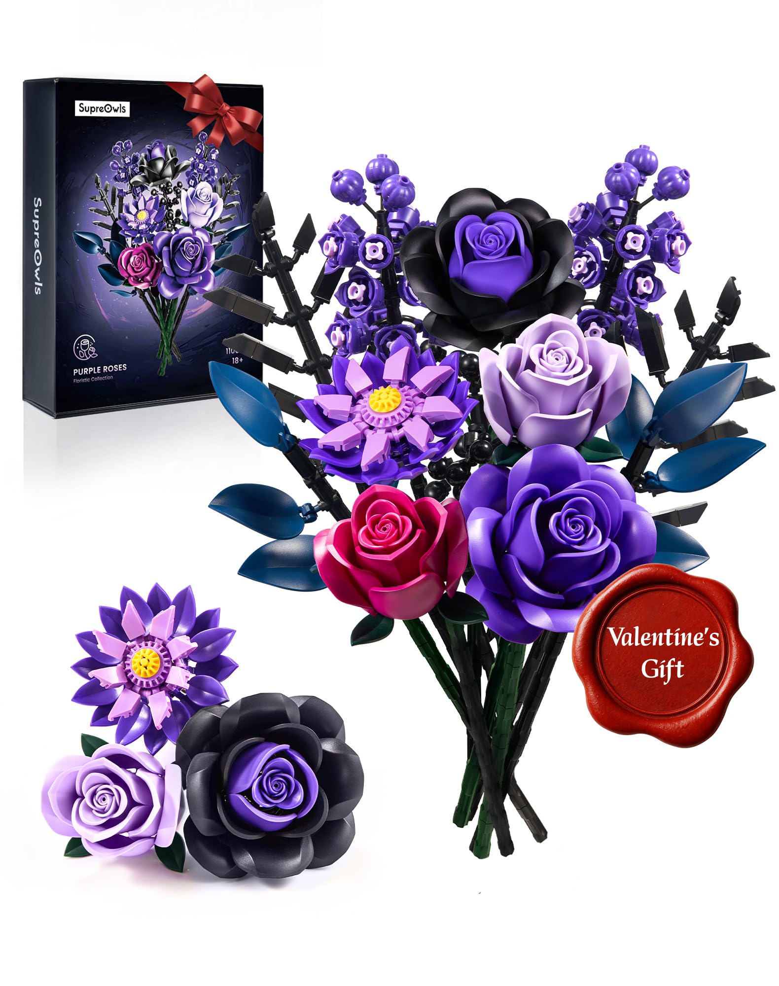 iATOM Flower Bouquet Building Set with lifelike purple roses for authentic home decor