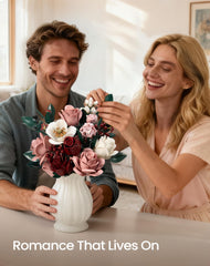 iATOM pink roses kit shown in living room shelf centerpiece