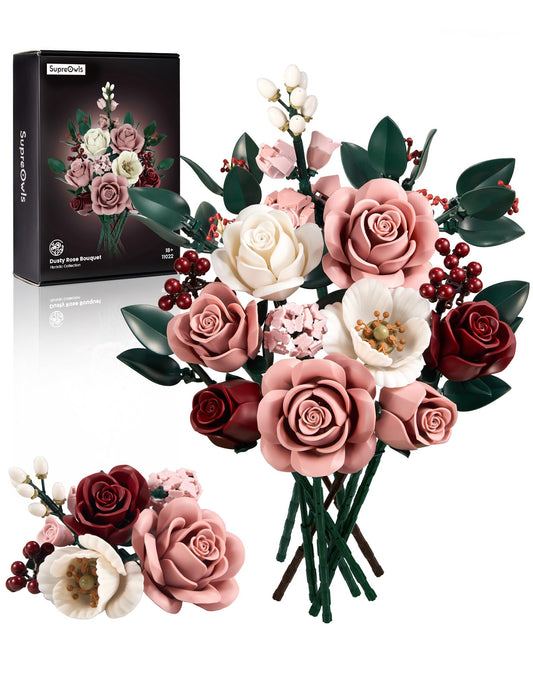 iATOM Pink Roses bouquet building set ready to display at home in a vase