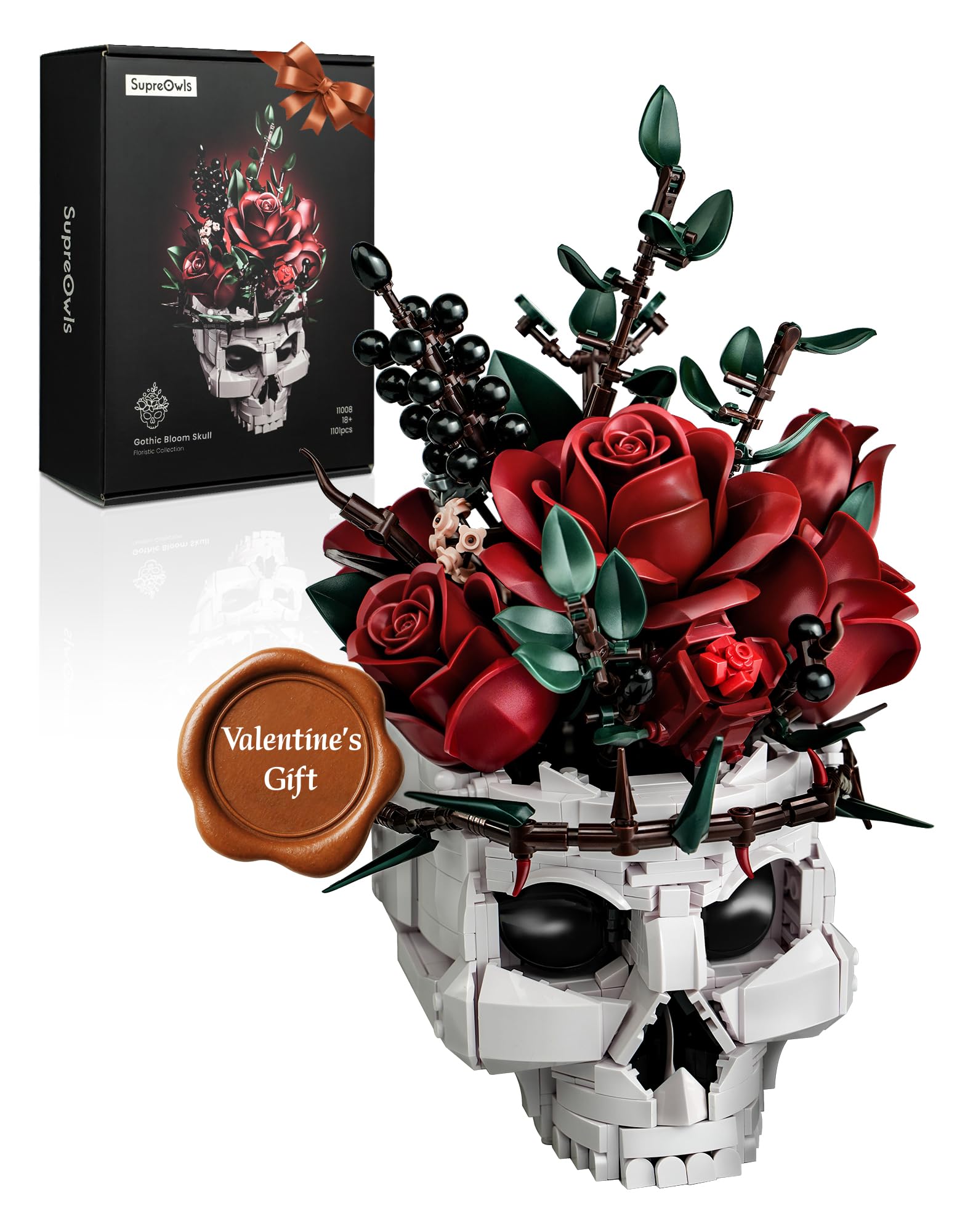 iATOM Skull Roses Bouquet display: dramatic gothic centerpiece for adult collectors.