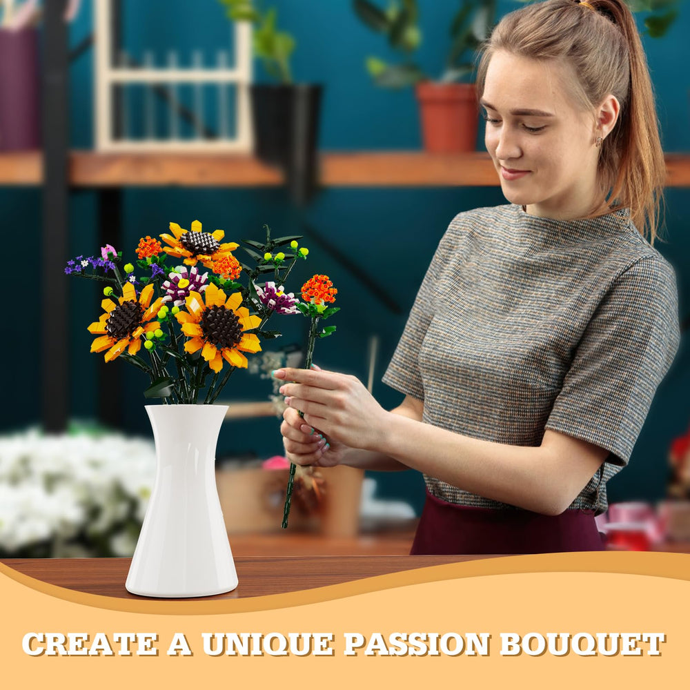 iATOM Sunflowers bouquet building set featuring Gazania and Chrysanthemum stems for colorful arrangements