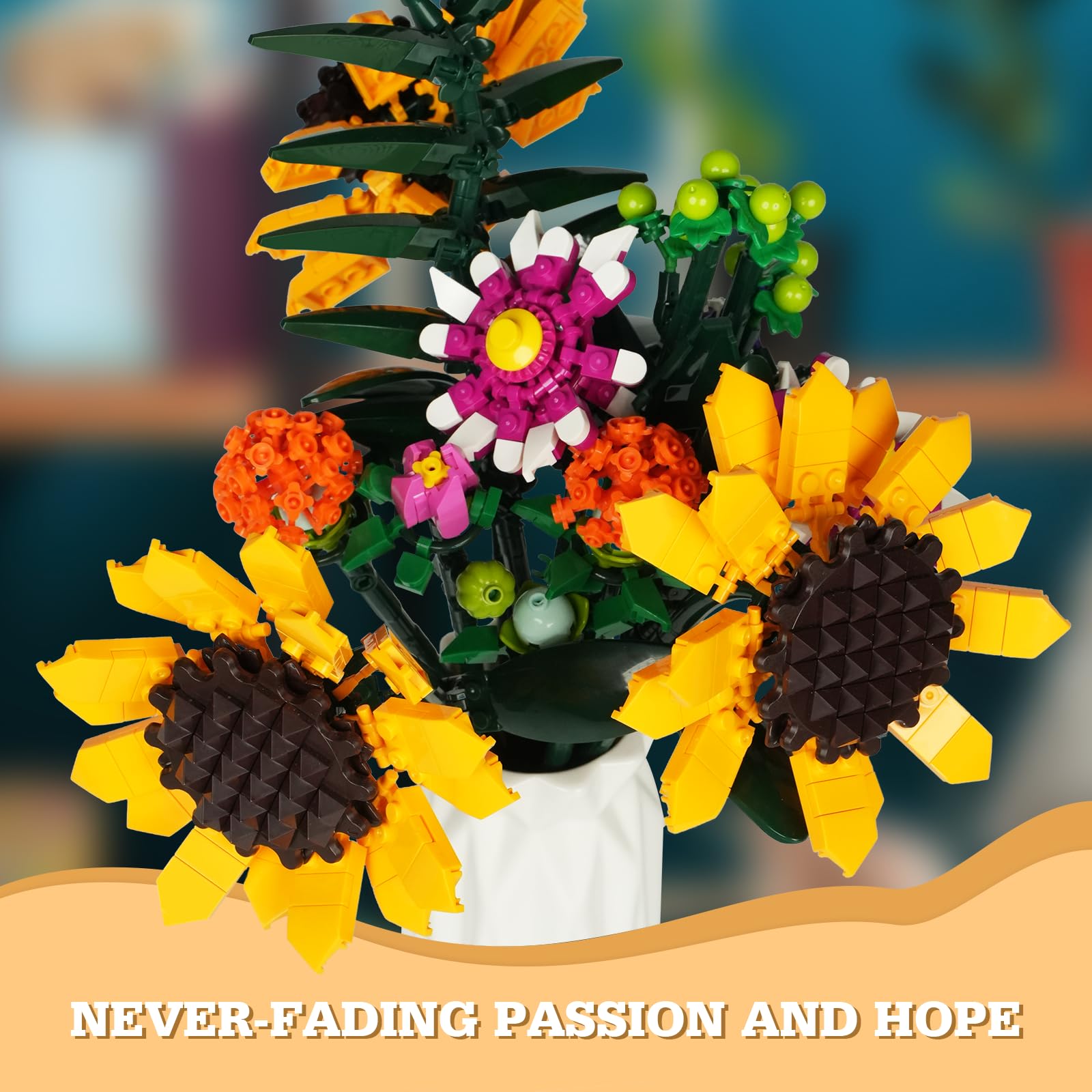 iATOM Sunflowers bouquet building set includes safflower for varied texture in displays
