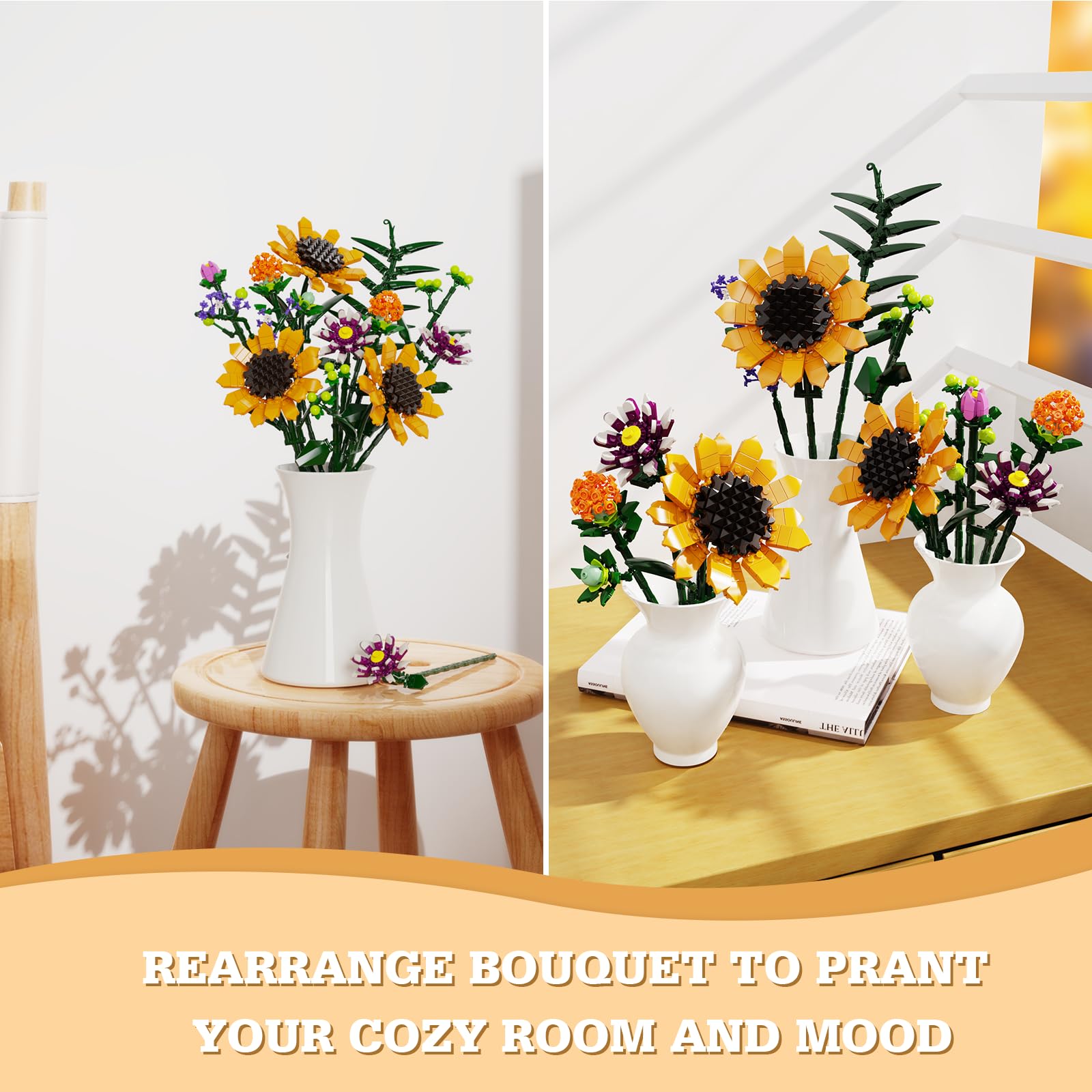 iATOM Sunflowers bouquet building set with statice flowers for added depth and contrast
