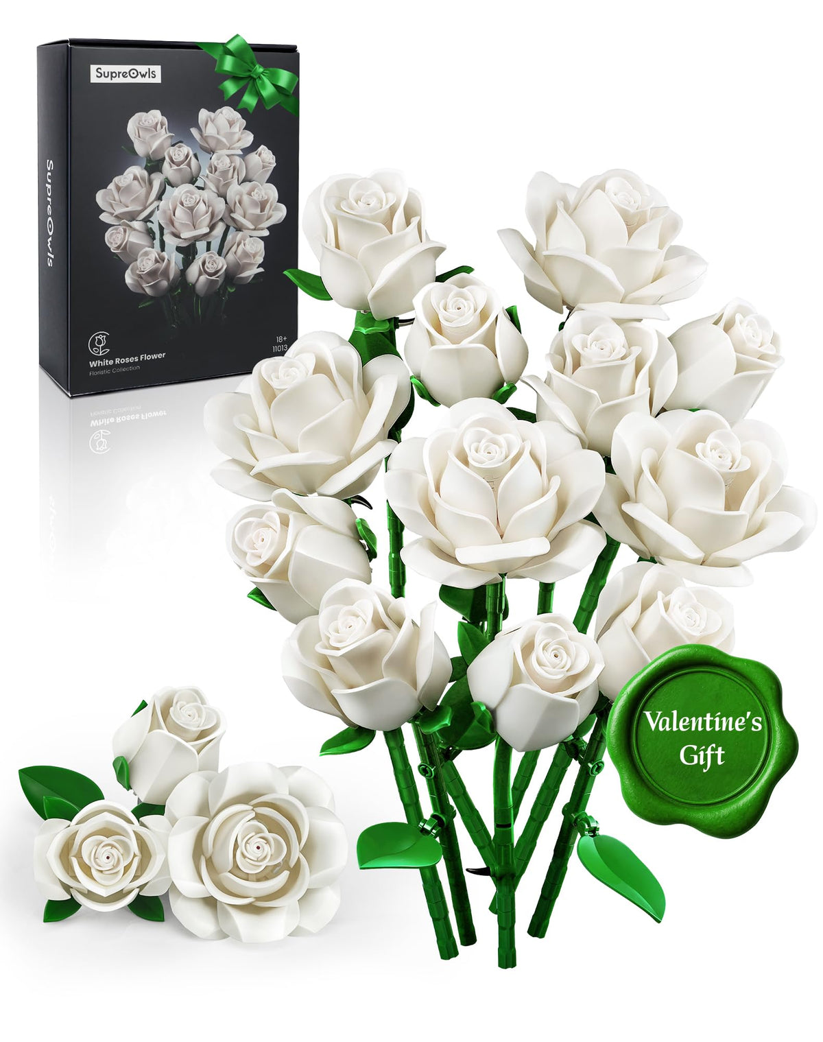 iatom white rose bouquet build-pieces arranged for a decorative centerpiece