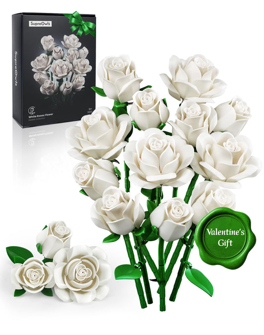 iatom white rose bouquet build-pieces arranged for a decorative centerpiece