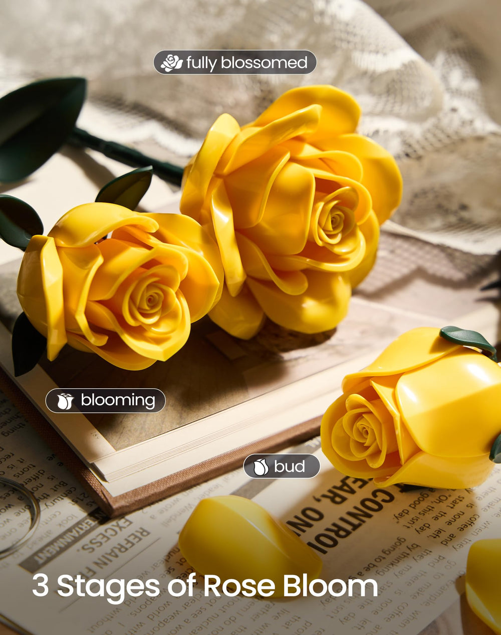 iATOM Yellow Rose Bouquet stems adjustable for versatile vase heights