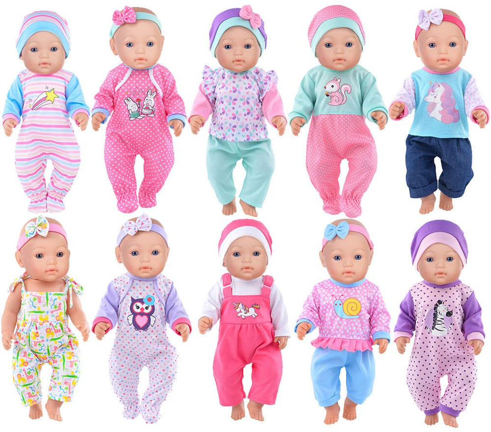 iBayda 10-set doll clothes for 14–17 inch dolls, easy dress-up.