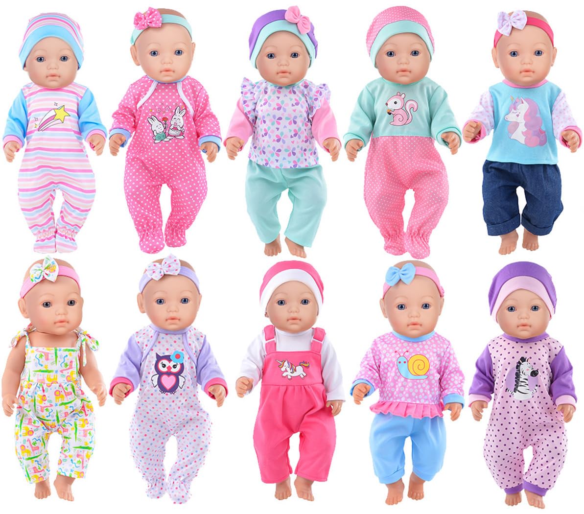 iBayda 10-set doll clothes for 14–17 inch dolls, easy dress-up.
