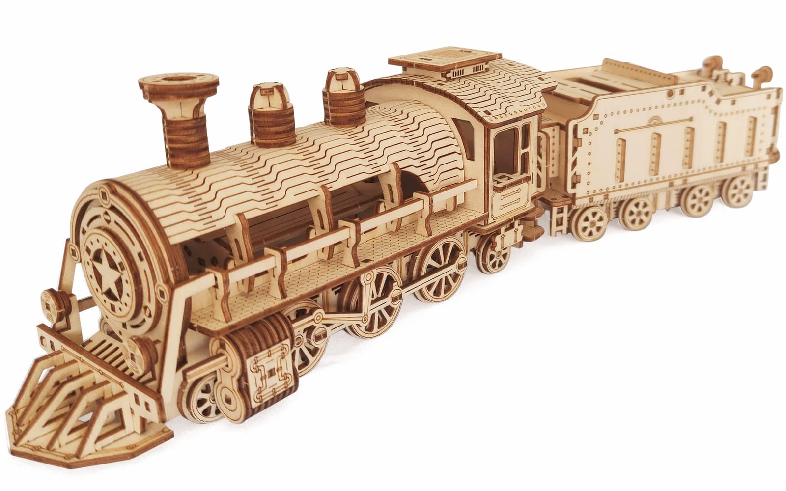 i-CHONY 3D steam train puzzle front view showing laser-cut precision for engineers