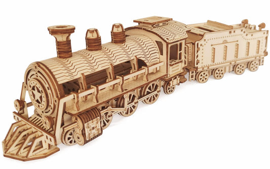 i-CHONY 3D steam train puzzle front view showing laser-cut precision for engineers