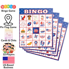 Iconikal patriotic bingo draw cards with red, white, and blue patterns.