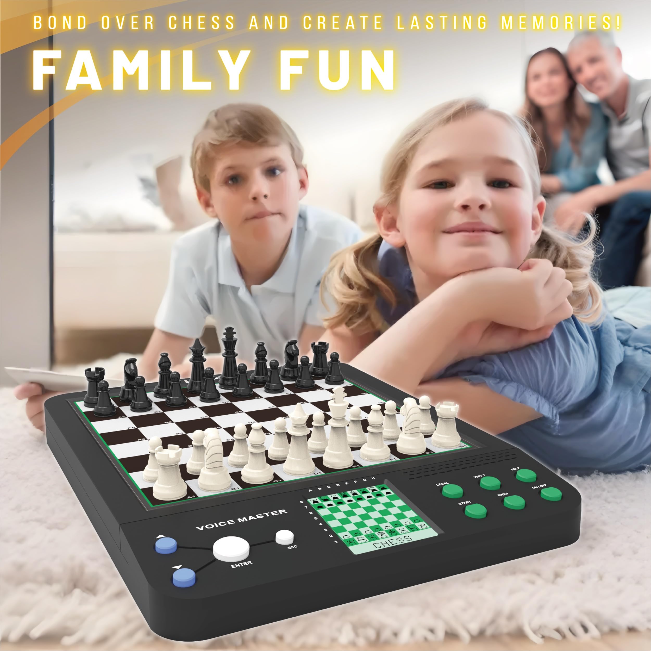 iCore Electronic Chess Set Pro Black with voice guide displaying learning cues