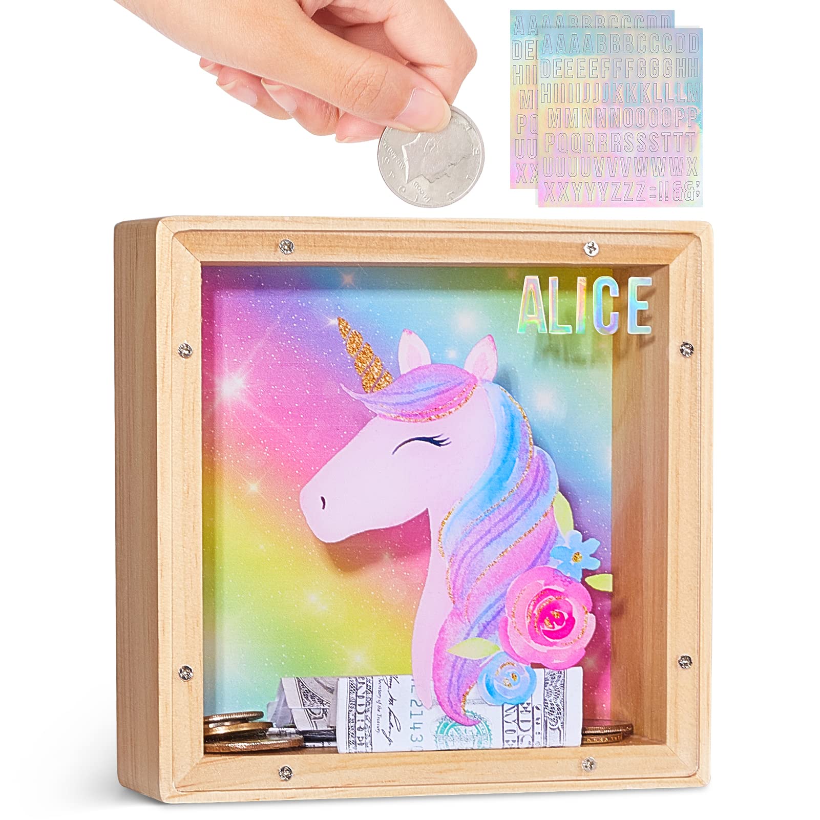 ICOSY wooden piggy bank with dinosaur design encourages early savings
