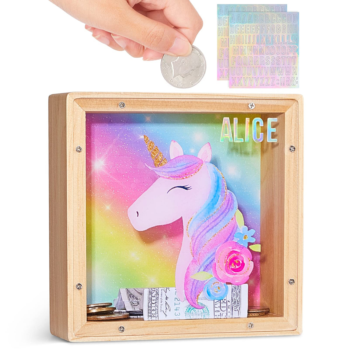 ICOSY wooden piggy bank with dinosaur design encourages early savings