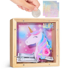 ICOSY wooden piggy bank with unicorn design helps kids save