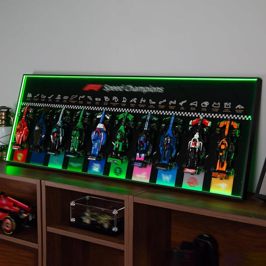 iCUANUTY display wallboard with RGB lighting enhances LEGO Speed Champions 10-in-1 displays.