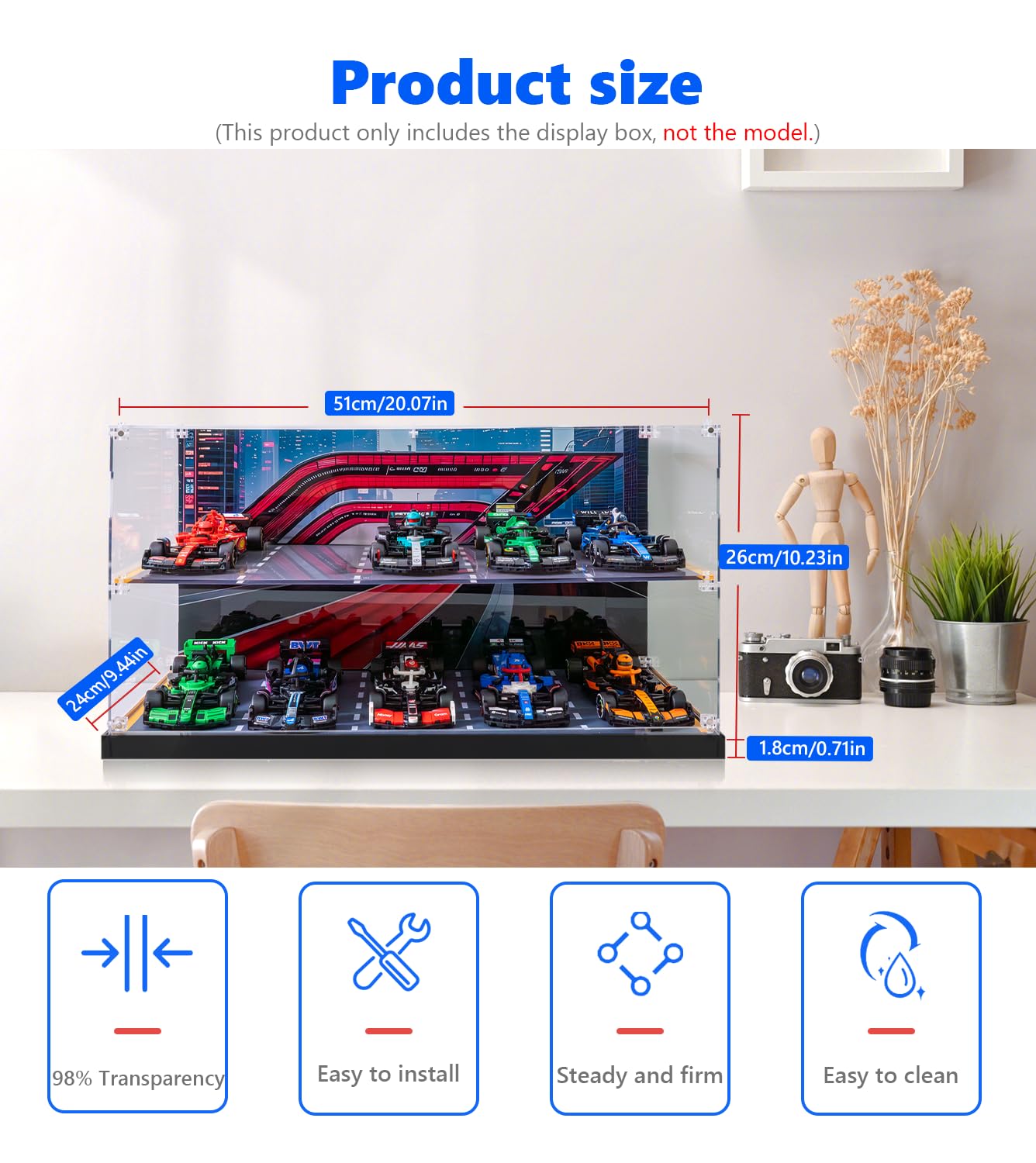 iCUANUTY dust-proof display box in clear acrylic protects your LEGO Speed Champions display.
