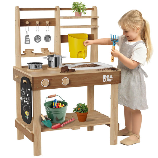 Idea Family 6 in 1 mud kitchen outdoor sink area sparks imaginative cooking play.