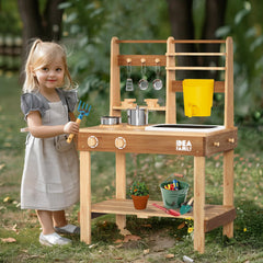 Idea Family mud kitchen backyard setup invites social play and teamwork among kids.