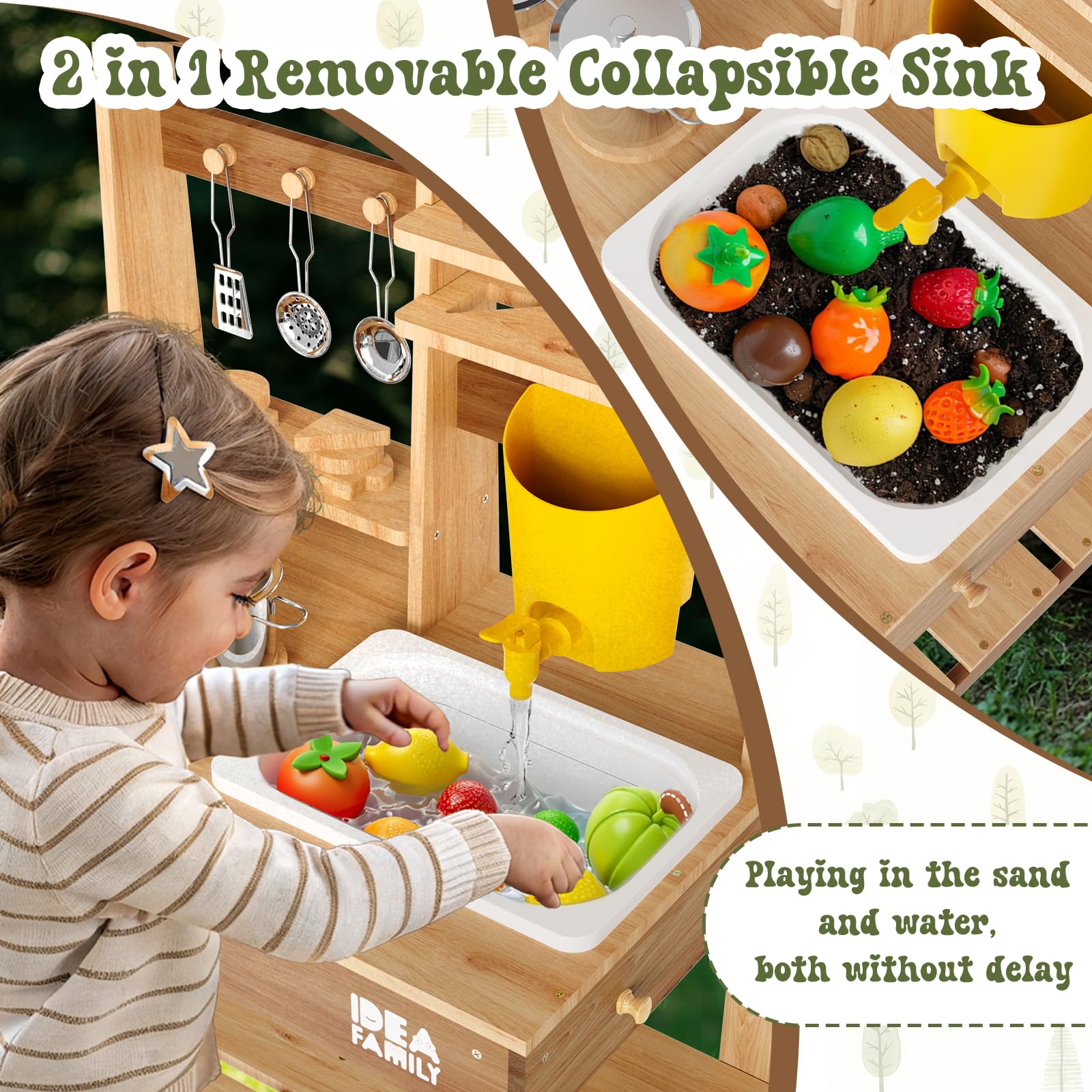 Idea Family mud kitchen storage shelves keep toys organized during backyard play.
