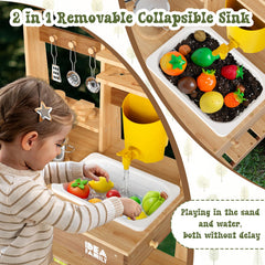 Idea Family mud kitchen storage shelves keep toys organized during backyard play.