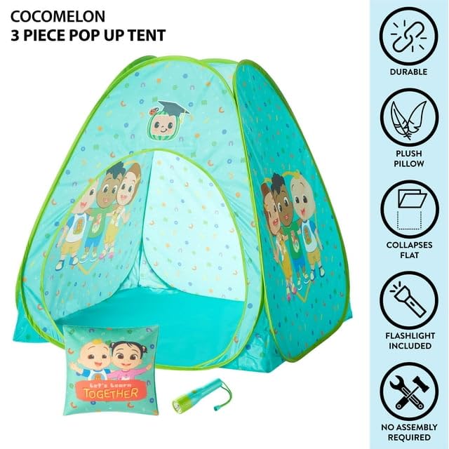 Idea Nuova Cocomelon pillow adds extra comfort for naptime in the tent.