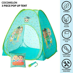 Idea Nuova Cocomelon pillow adds extra comfort for naptime in the tent.